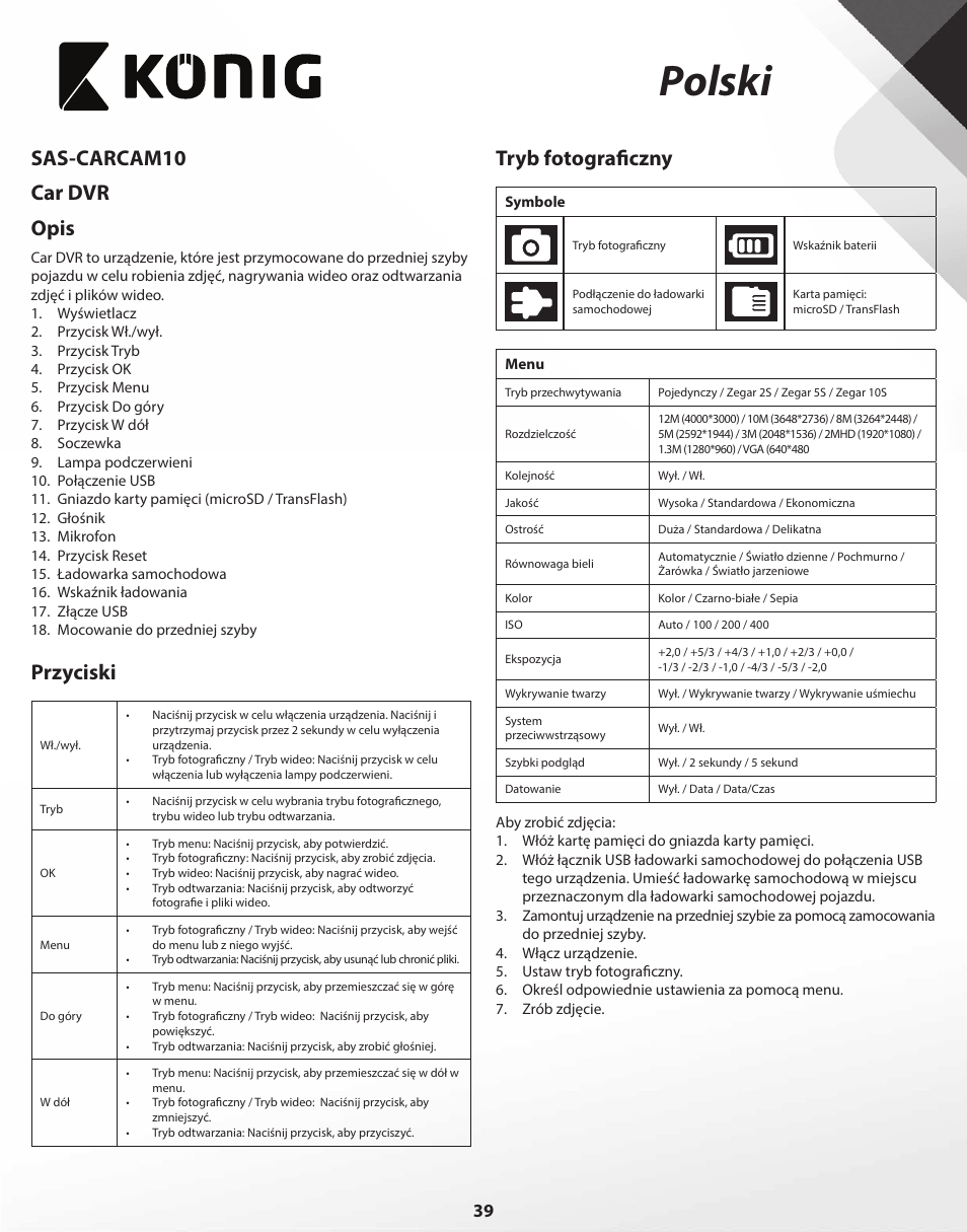 Polski, Sas-carcam10 car dvr opis, Przyciski | Tryb fotograficzny | Konig Electronic Full HD car camera User Manual | Page 39 / 80