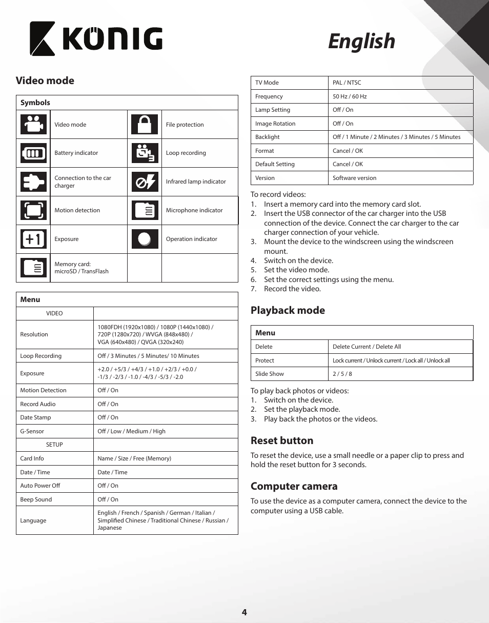 English, Video mode, Playback mode | Reset button, Computer camera | Konig Electronic Full HD car camera User Manual | Page 4 / 80