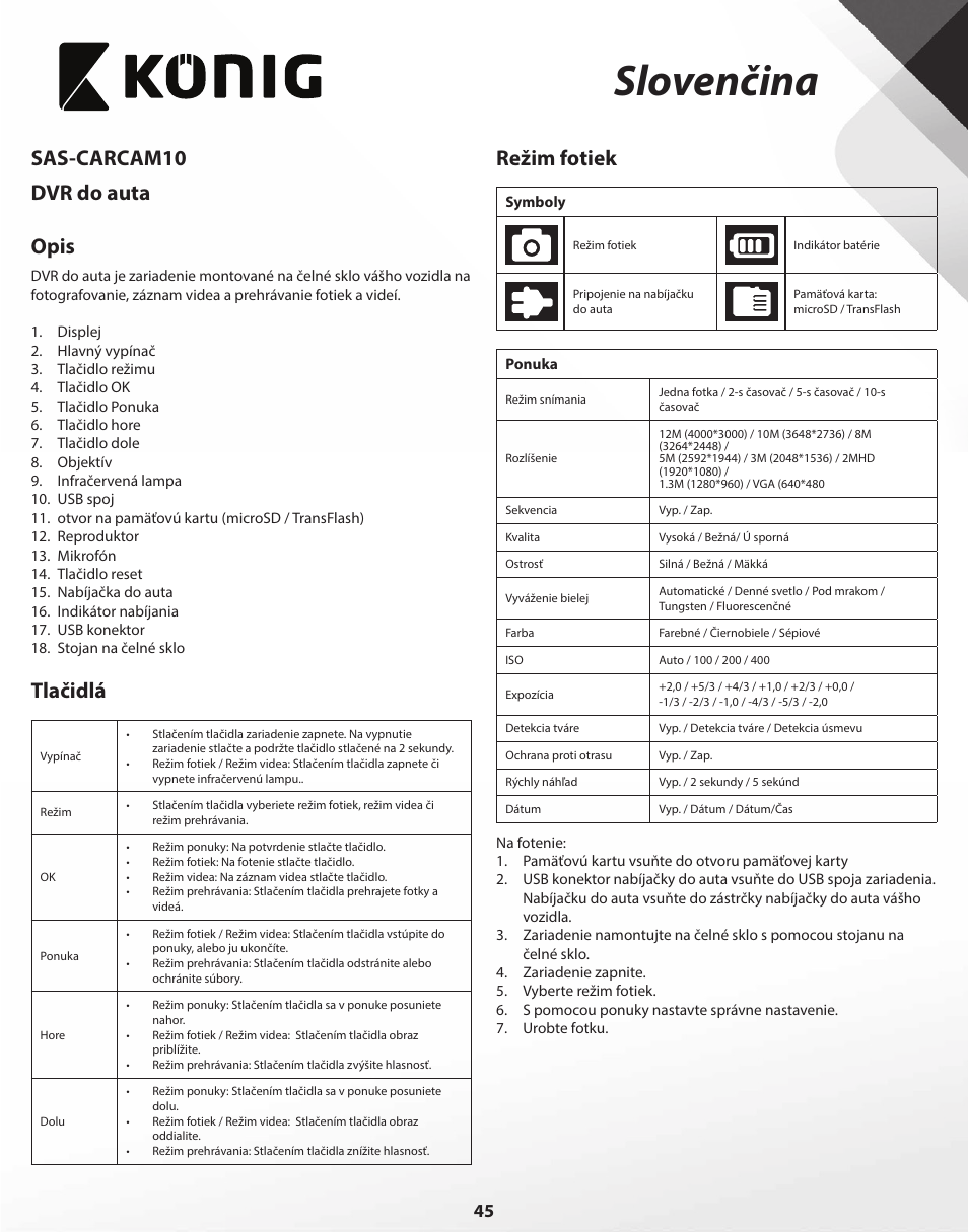 Slovenčina, Sas-carcam10 dvr do auta opis, Tlačidlá | Režim fotiek | Konig Electronic Full HD car camera User Manual | Page 45 / 80