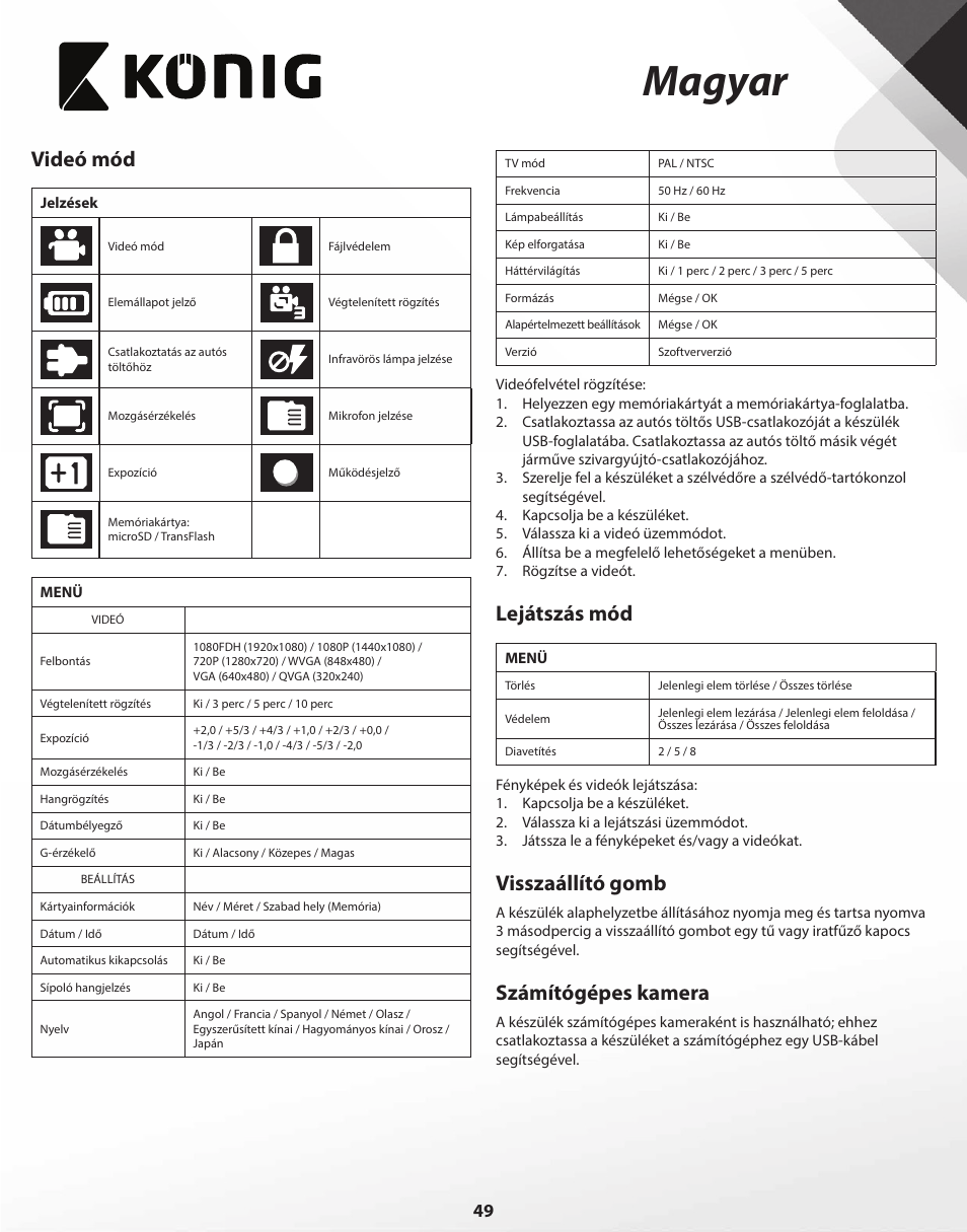 Magyar, Videó mód, Lejátszás mód | Visszaállító gomb, Számítógépes kamera | Konig Electronic Full HD car camera User Manual | Page 49 / 80