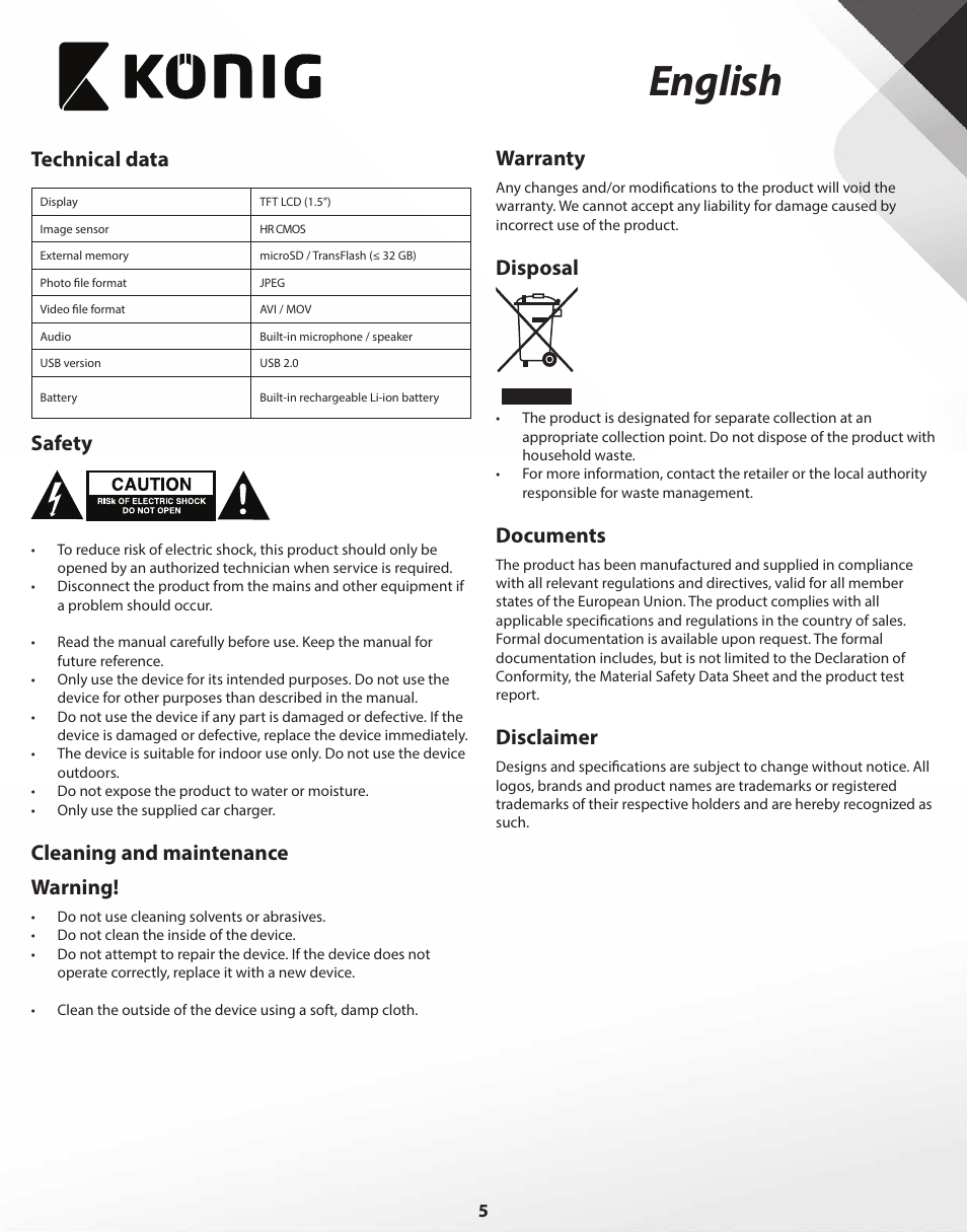 English, Technical data, Safety | Cleaning and maintenance warning, Warranty, Disposal, Documents, Disclaimer | Konig Electronic Full HD car camera User Manual | Page 5 / 80