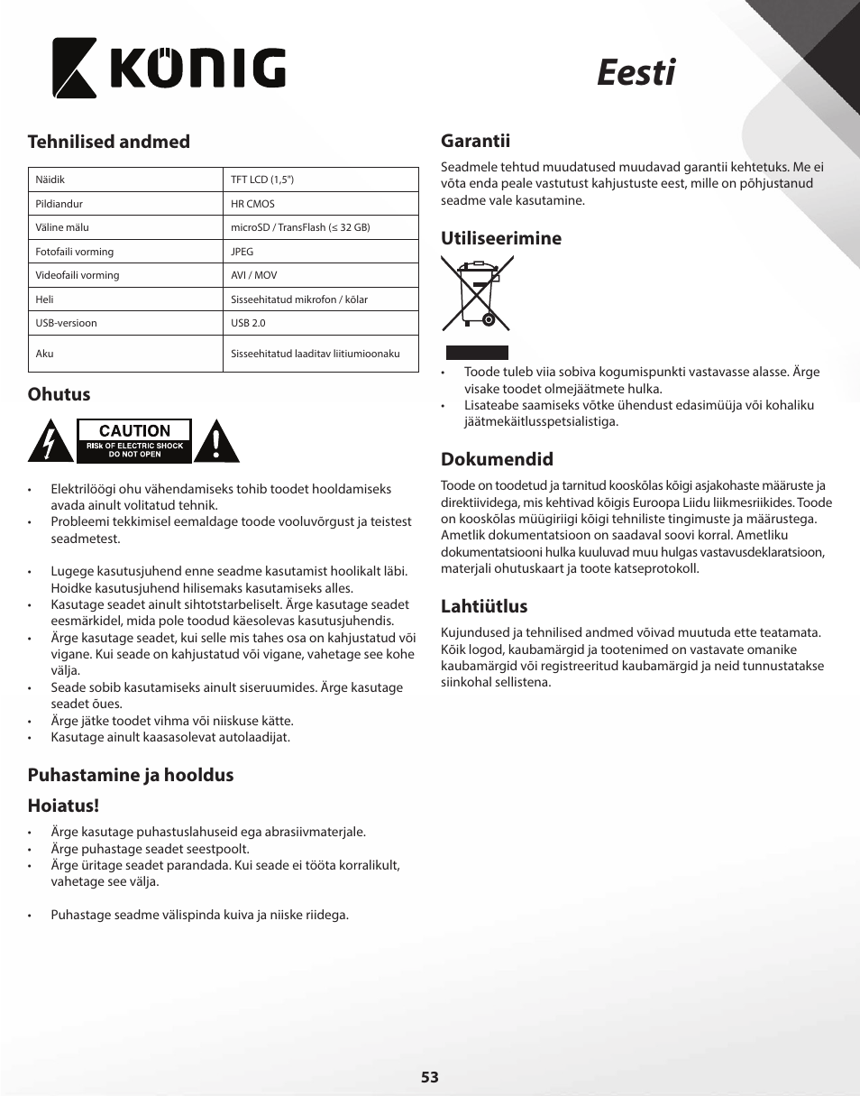 Eesti, Tehnilised andmed, Ohutus | Puhastamine ja hooldus hoiatus, Garantii, Utiliseerimine, Dokumendid, Lahtiütlus | Konig Electronic Full HD car camera User Manual | Page 53 / 80