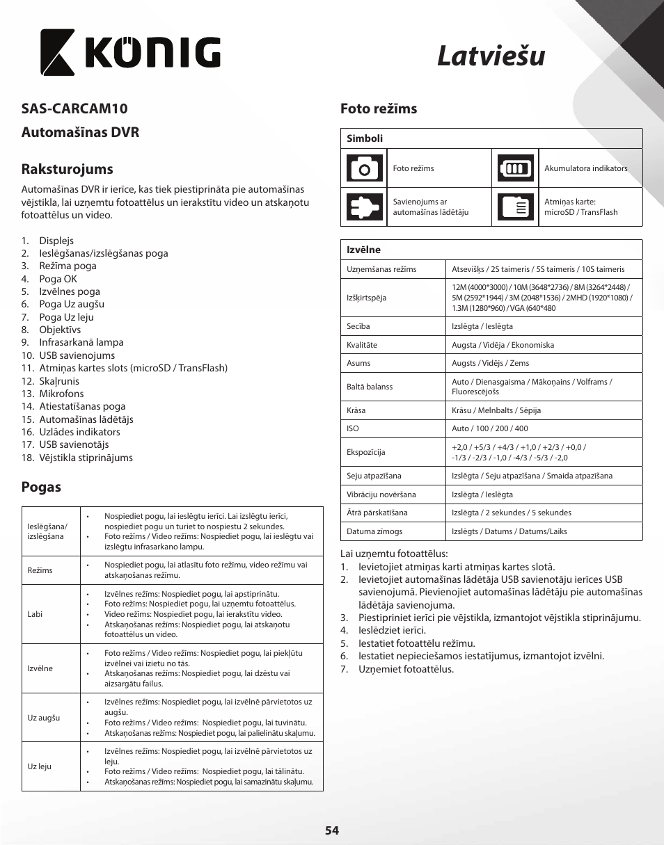 Latviešu, Sas-carcam10 automašīnas dvr raksturojums, Pogas | Foto režīms | Konig Electronic Full HD car camera User Manual | Page 54 / 80