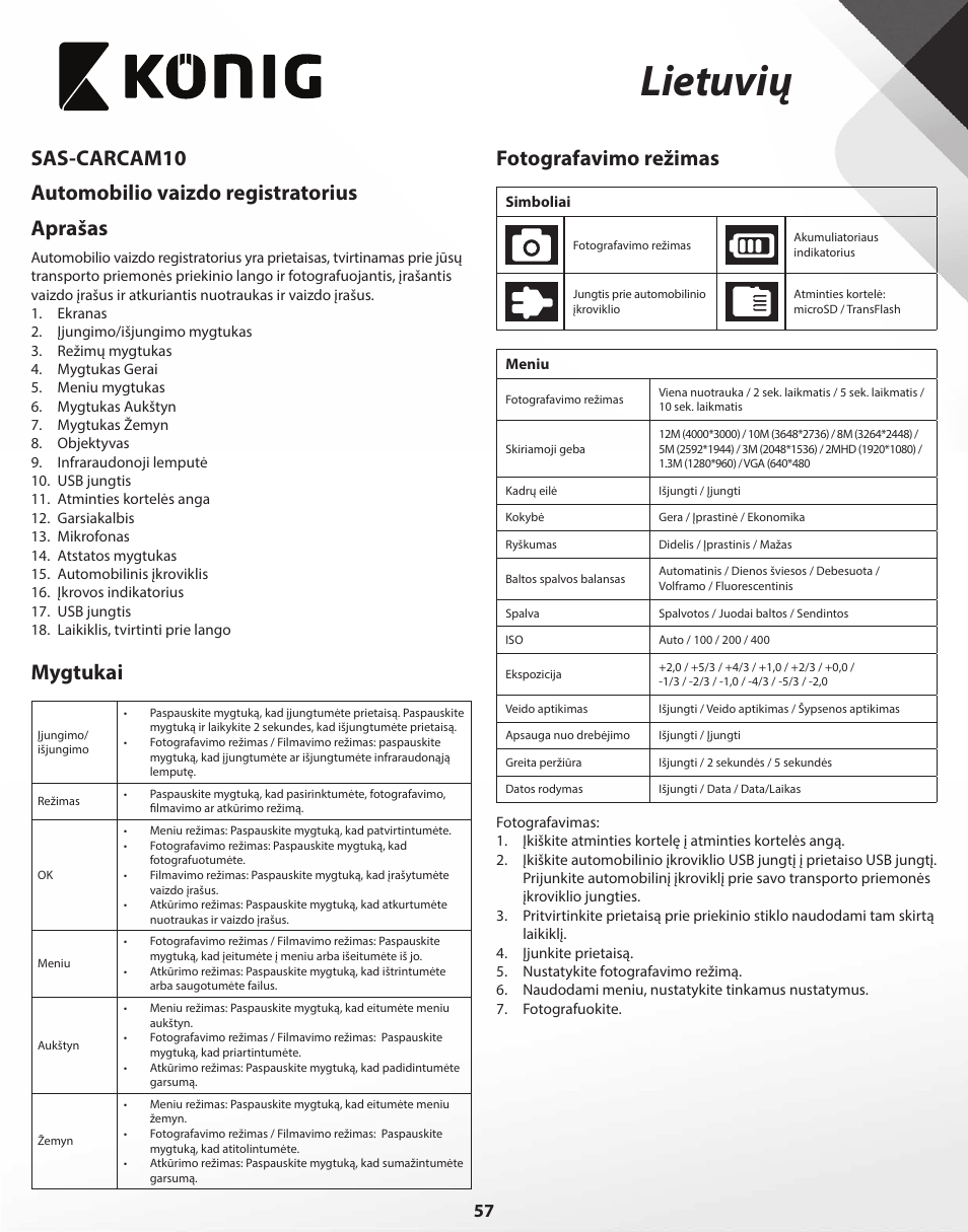 Lietuvių, Mygtukai, Fotografavimo režimas | Konig Electronic Full HD car camera User Manual | Page 57 / 80