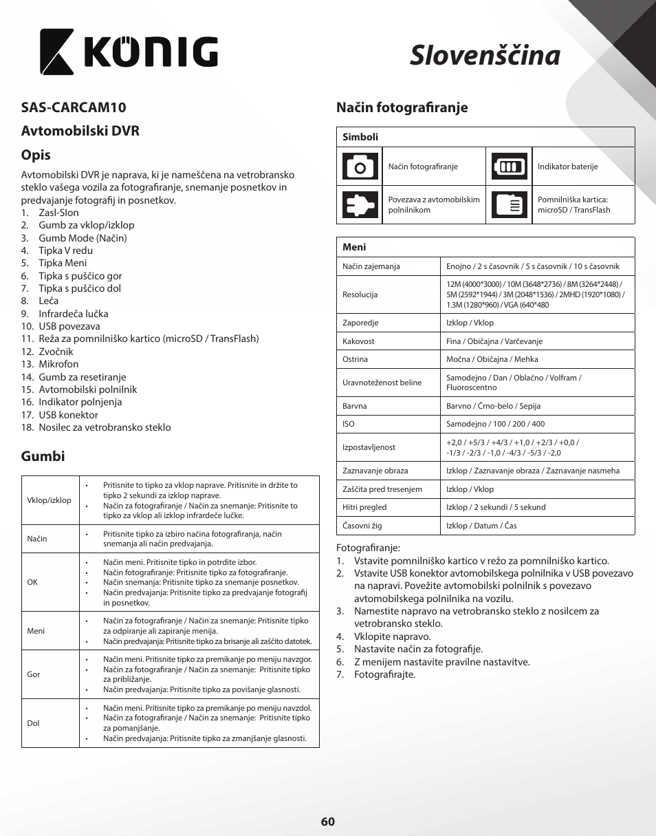 Siovenščina, Sas-carcam10 avtomobilski dvr opis, Gumbi | Način fotografiranje | Konig Electronic Full HD car camera User Manual | Page 60 / 80