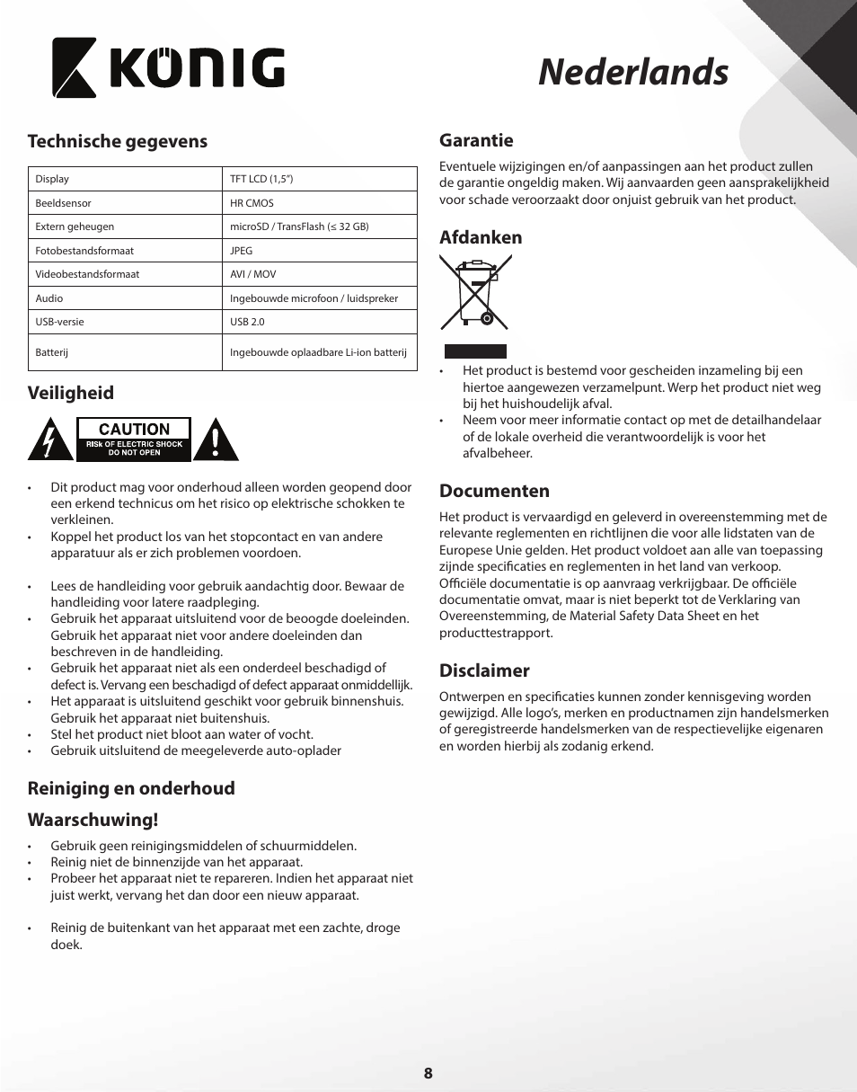 Nederlands, Technische gegevens, Veiligheid | Reiniging en onderhoud waarschuwing, Garantie, Afdanken, Documenten, Disclaimer | Konig Electronic Full HD car camera User Manual | Page 8 / 80