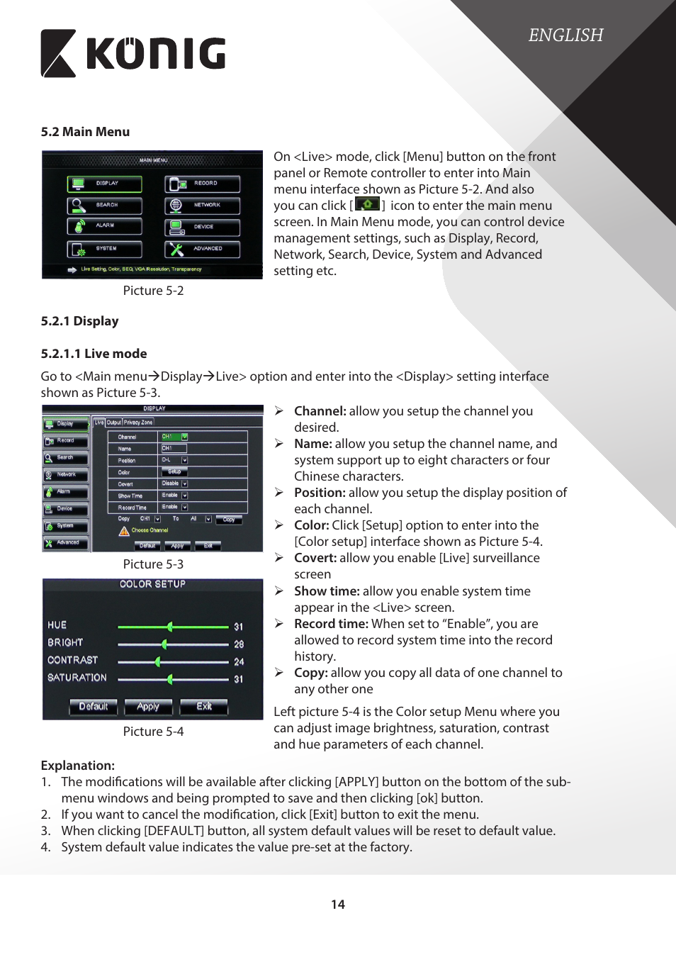 2 main menu, 1 display, 1 live mode | English | Konig Electronic Digital video recorder with built-in 1 TB hard disk User Manual | Page 14 / 58