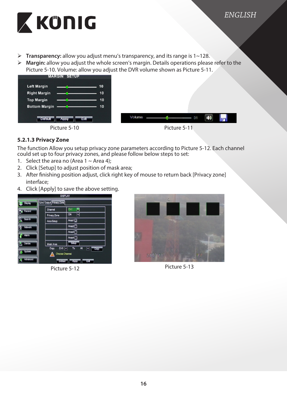 3 privacy zone, English | Konig Electronic Digital video recorder with built-in 1 TB hard disk User Manual | Page 16 / 58