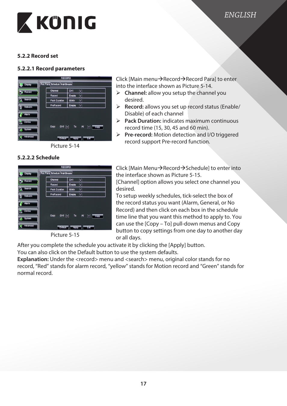 2 record set, 1 record parameters, 2 schedule | 1 record parameters 5.2.2.2 schedule, English | Konig Electronic Digital video recorder with built-in 1 TB hard disk User Manual | Page 17 / 58