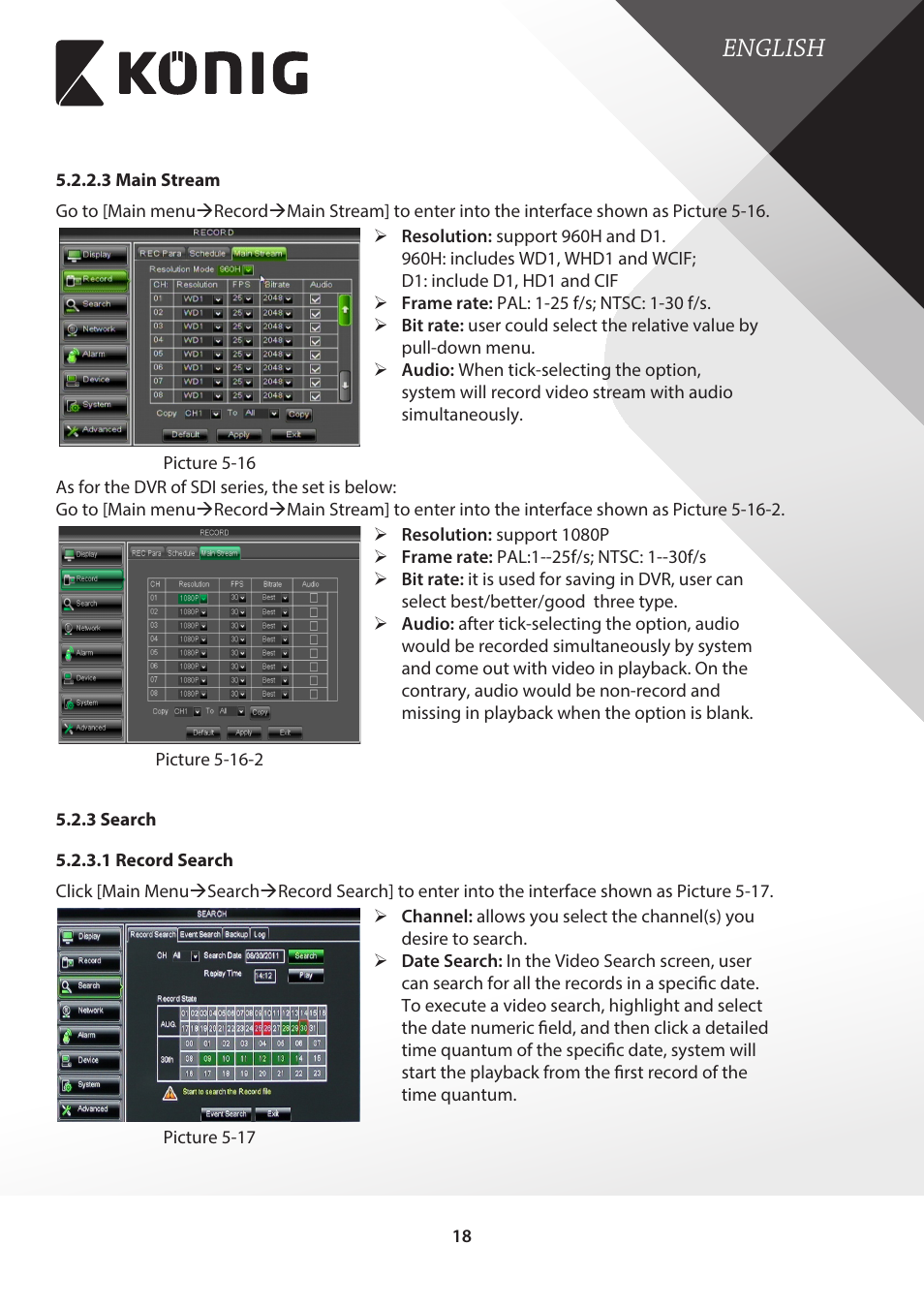 3 main stream, 3 search, 1 record search | English | Konig Electronic Digital video recorder with built-in 1 TB hard disk User Manual | Page 18 / 58