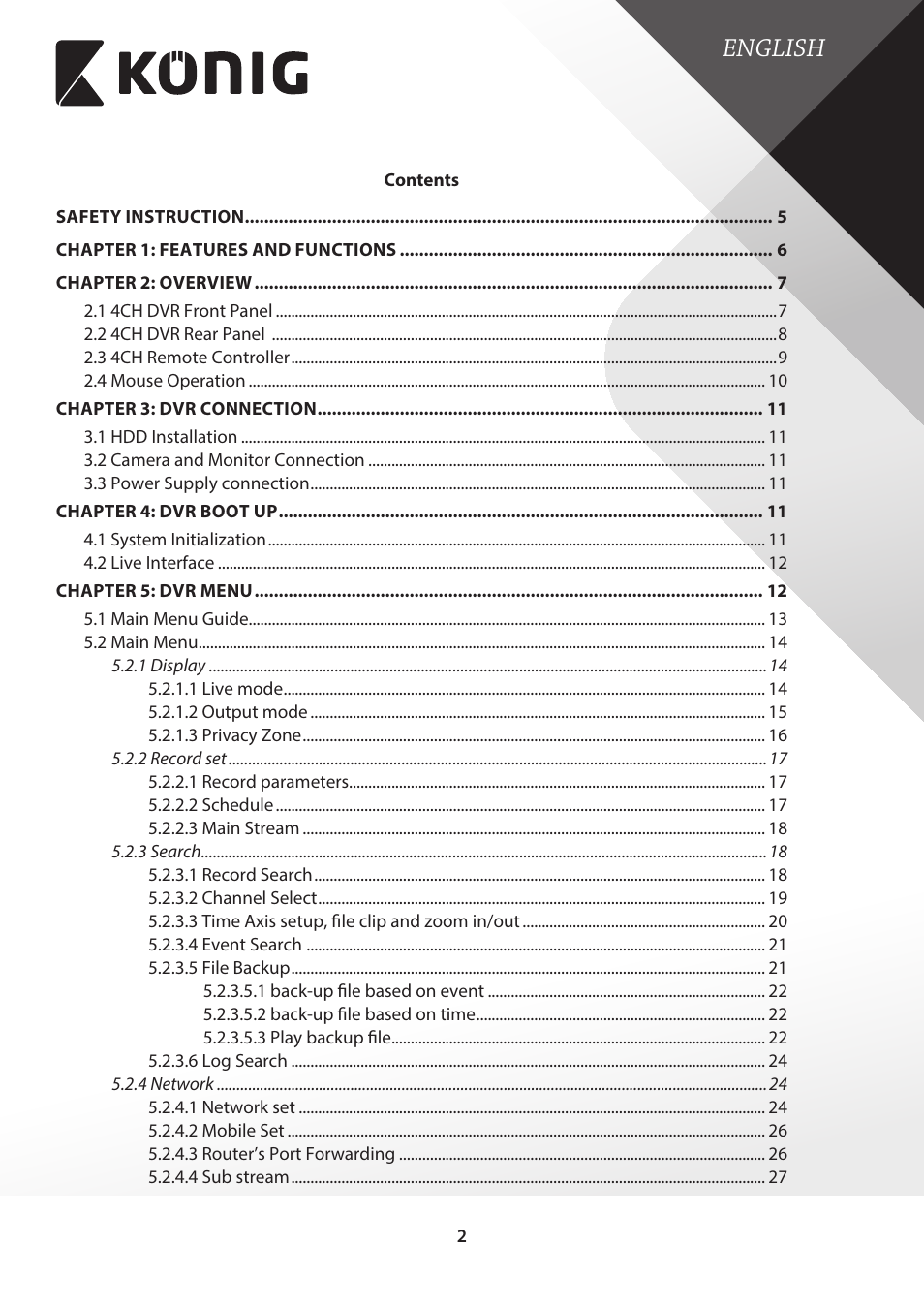 English | Konig Electronic Digital video recorder with built-in 1 TB hard disk User Manual | Page 2 / 58