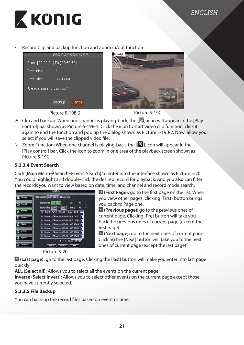 4 event search, 5 file backup, 4 event search 5.2.3.5 file backup | English | Konig Electronic Digital video recorder with built-in 1 TB hard disk User Manual | Page 21 / 58