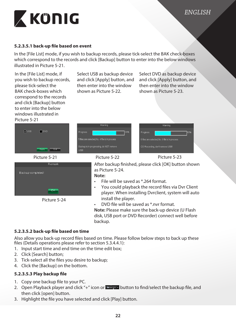 1 back-up file based on event, 2 back-up file based on time, 3 play backup file | English | Konig Electronic Digital video recorder with built-in 1 TB hard disk User Manual | Page 22 / 58