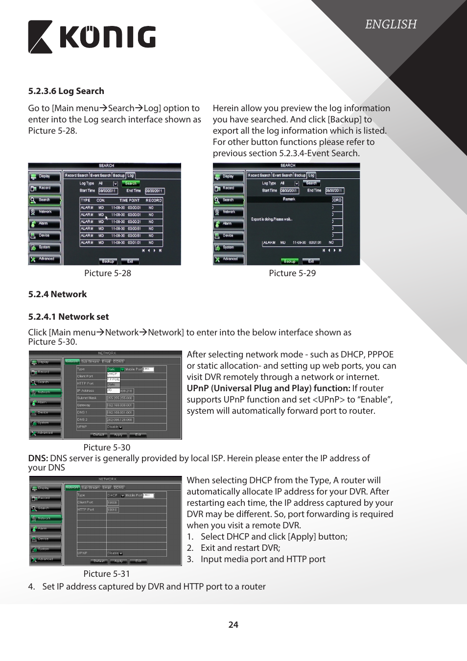 6 log search, 4 network, 1 network set | English | Konig Electronic Digital video recorder with built-in 1 TB hard disk User Manual | Page 24 / 58