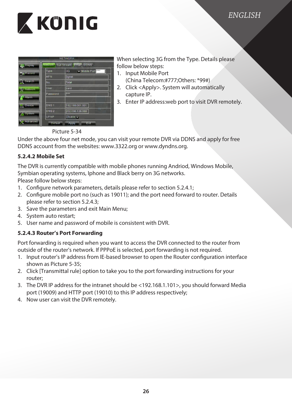 2 mobile set, 3 router’s port forwarding, 2 mobile set 5.2.4.3 router’s port forwarding | English | Konig Electronic Digital video recorder with built-in 1 TB hard disk User Manual | Page 26 / 58