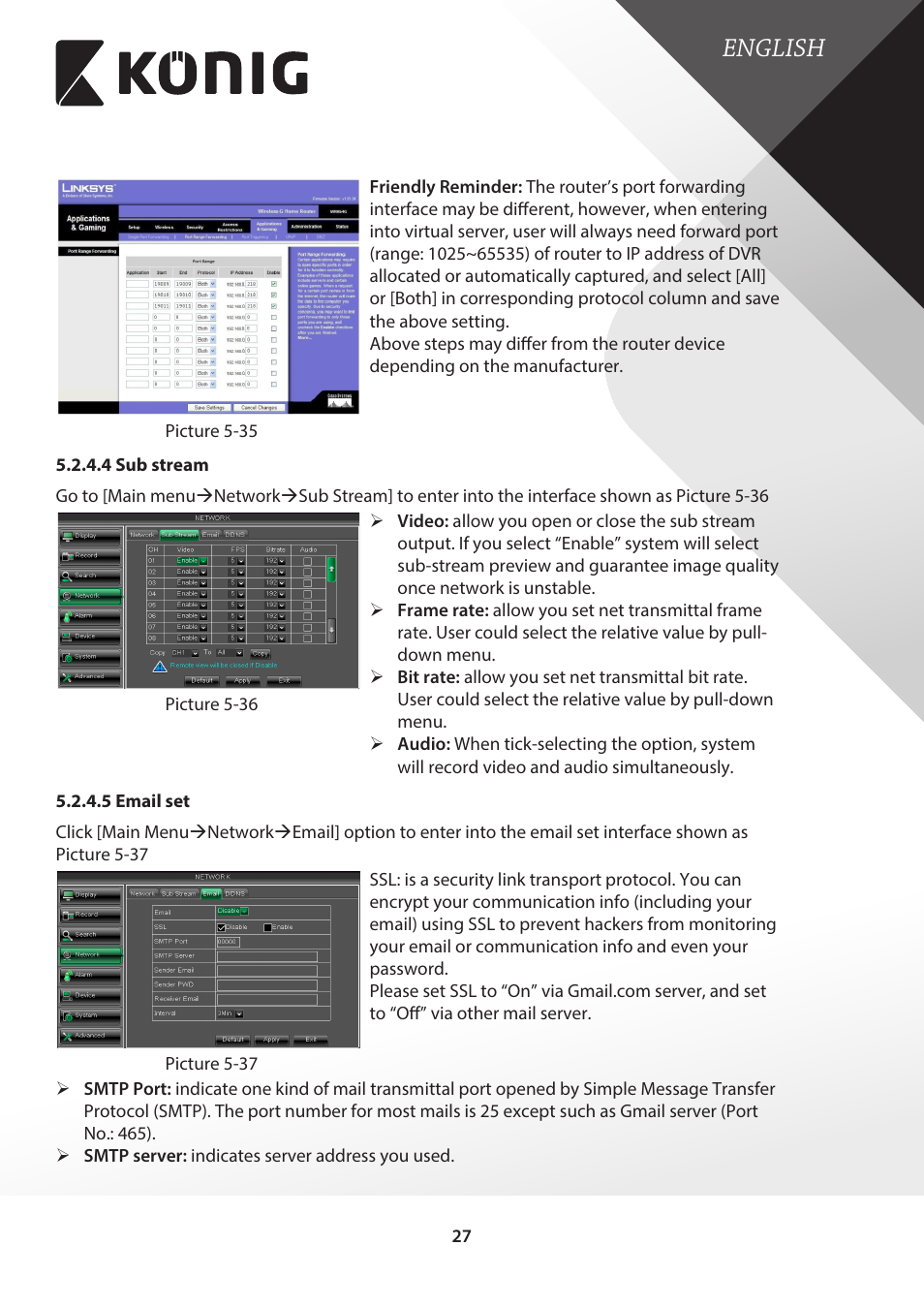 4 sub stream, 5 email set, English | Konig Electronic Digital video recorder with built-in 1 TB hard disk User Manual | Page 27 / 58