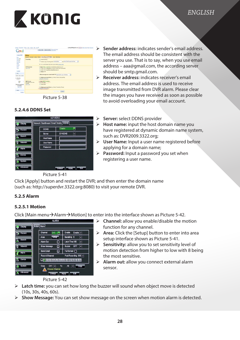 6 ddns set, 5 alarm, 1 motion | English | Konig Electronic Digital video recorder with built-in 1 TB hard disk User Manual | Page 28 / 58