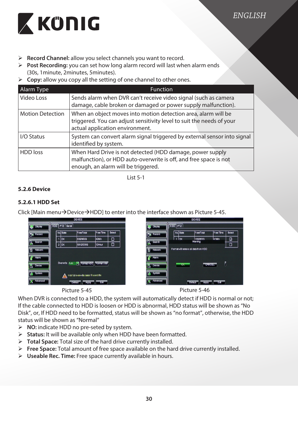 6 device, 1 hdd set, English | Konig Electronic Digital video recorder with built-in 1 TB hard disk User Manual | Page 30 / 58