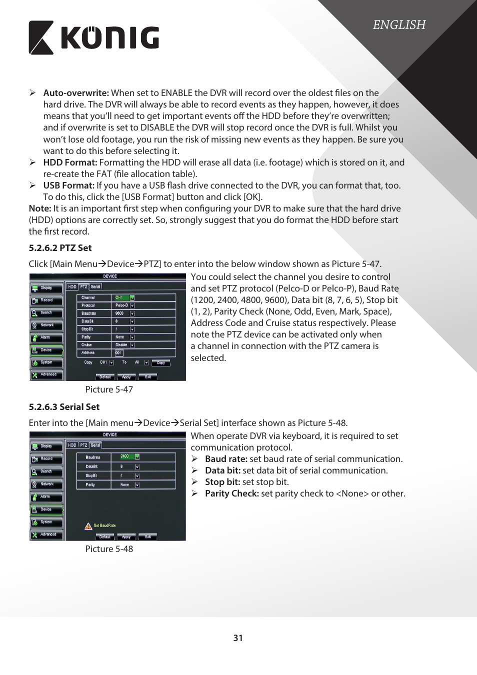 2 ptz set, 3 serial set, 2 ptz set 5.2.6.3 serial set | English | Konig Electronic Digital video recorder with built-in 1 TB hard disk User Manual | Page 31 / 58