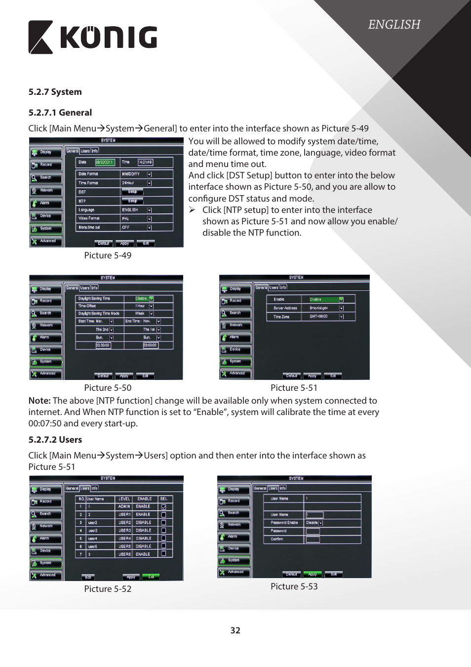 7 system, 1 general, 2 users | 1 general 5.2.7.2 users, English | Konig Electronic Digital video recorder with built-in 1 TB hard disk User Manual | Page 32 / 58