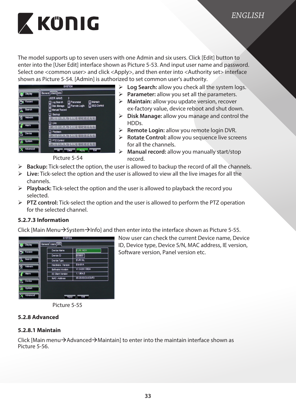 3 information, 8 advanced, 1 maintain | English | Konig Electronic Digital video recorder with built-in 1 TB hard disk User Manual | Page 33 / 58