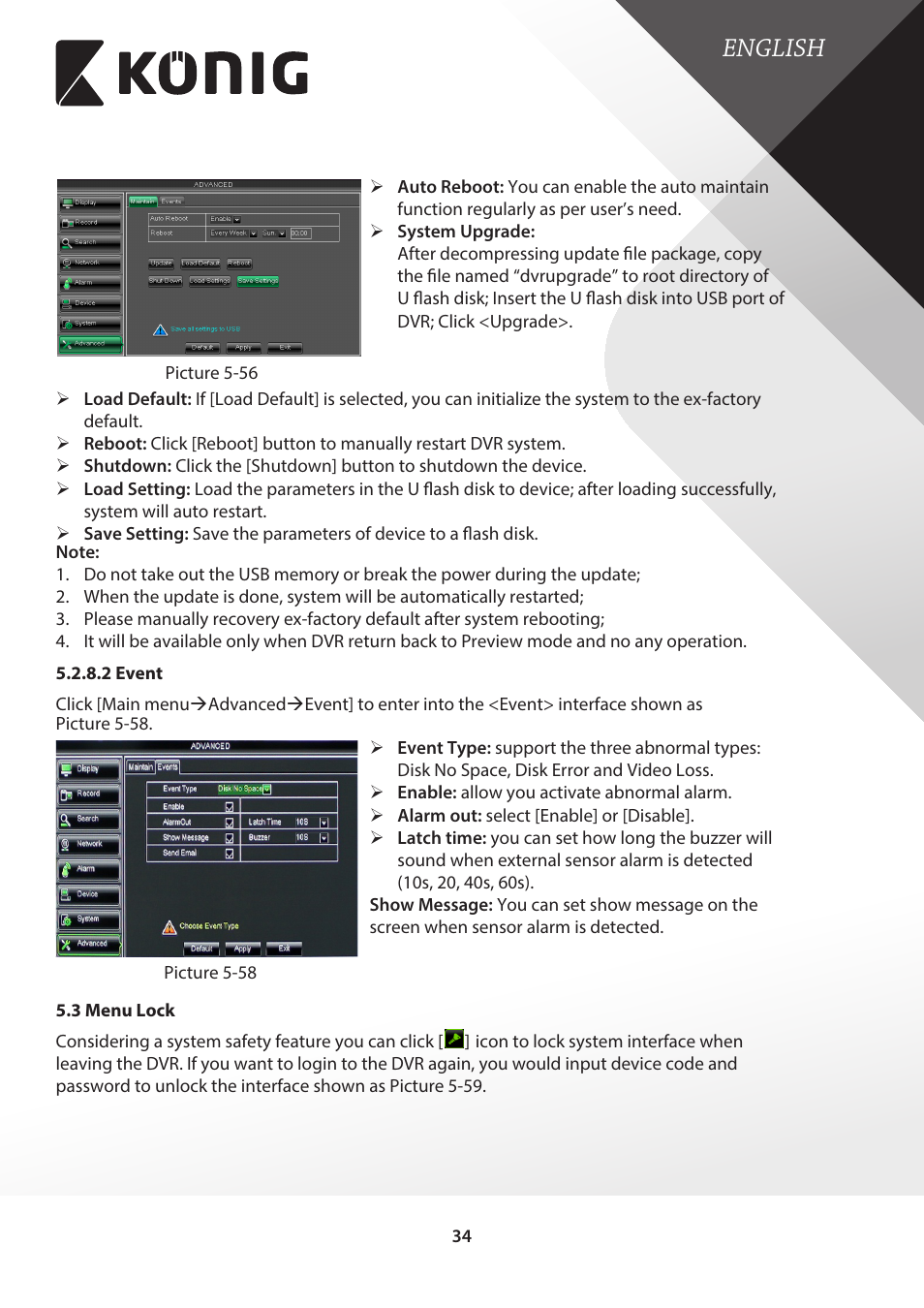 2 event, 3 menu lock, English | Konig Electronic Digital video recorder with built-in 1 TB hard disk User Manual | Page 34 / 58