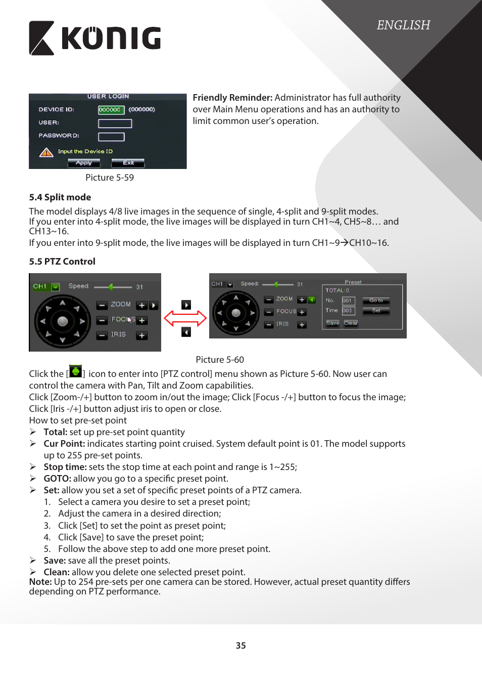 4 split mode, 5 ptz control, 4 split mode 5.5 ptz control | English | Konig Electronic Digital video recorder with built-in 1 TB hard disk User Manual | Page 35 / 58