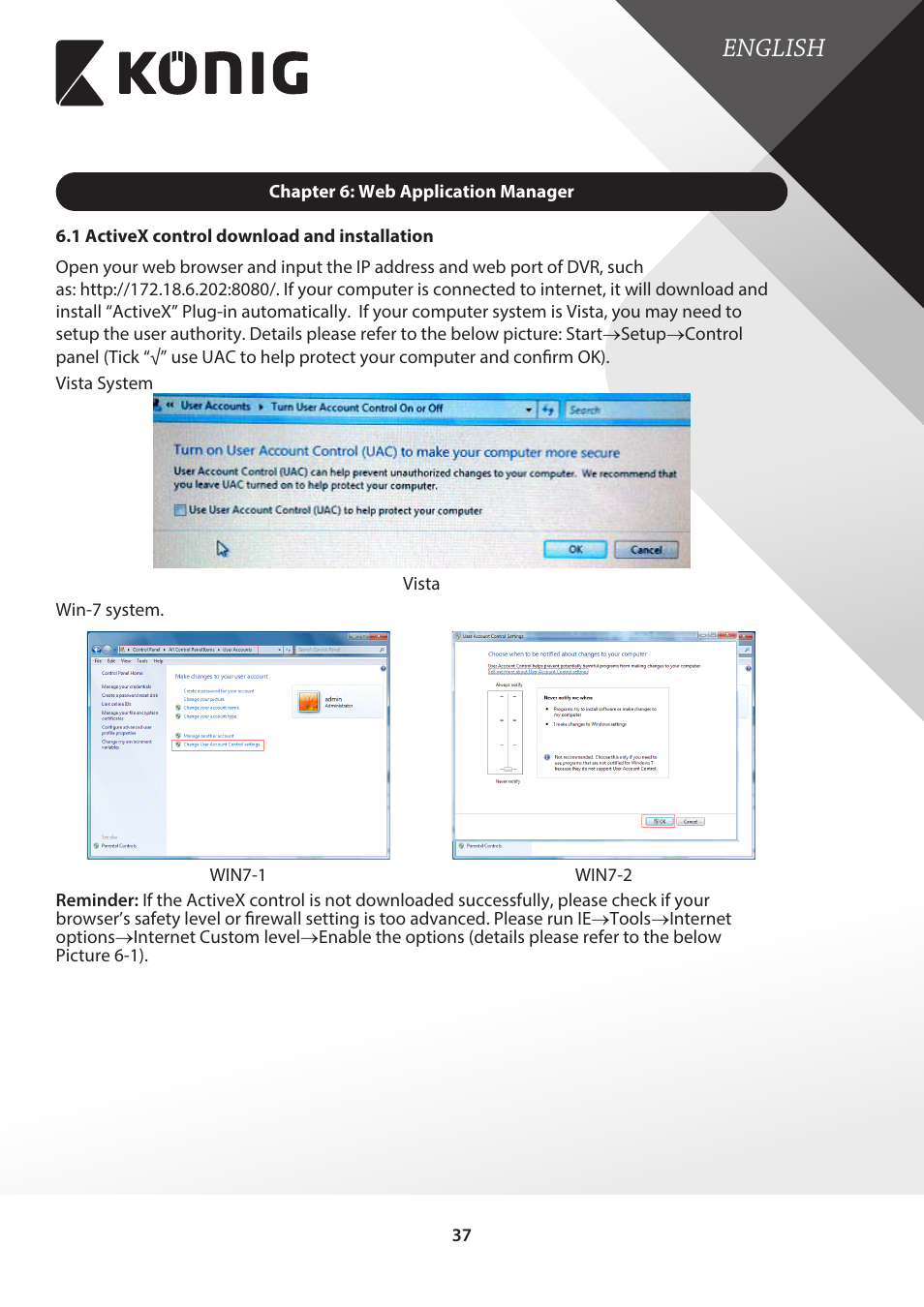 Chapter 6: web application manager, 1 activex control download and installation, English | Konig Electronic Digital video recorder with built-in 1 TB hard disk User Manual | Page 37 / 58