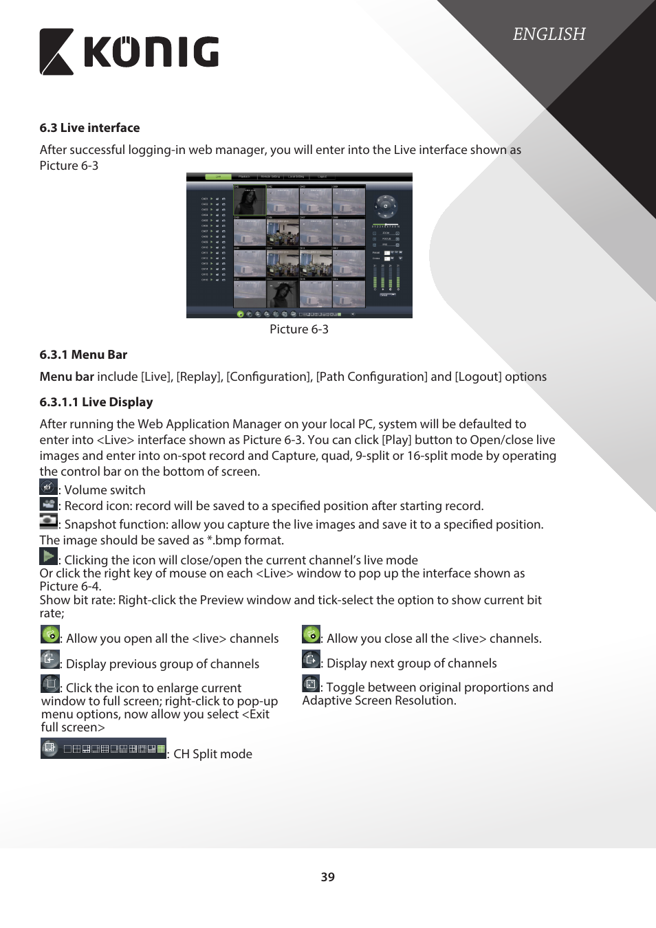 3 live interface, 1 menu bar, 1 live display | English | Konig Electronic Digital video recorder with built-in 1 TB hard disk User Manual | Page 39 / 58
