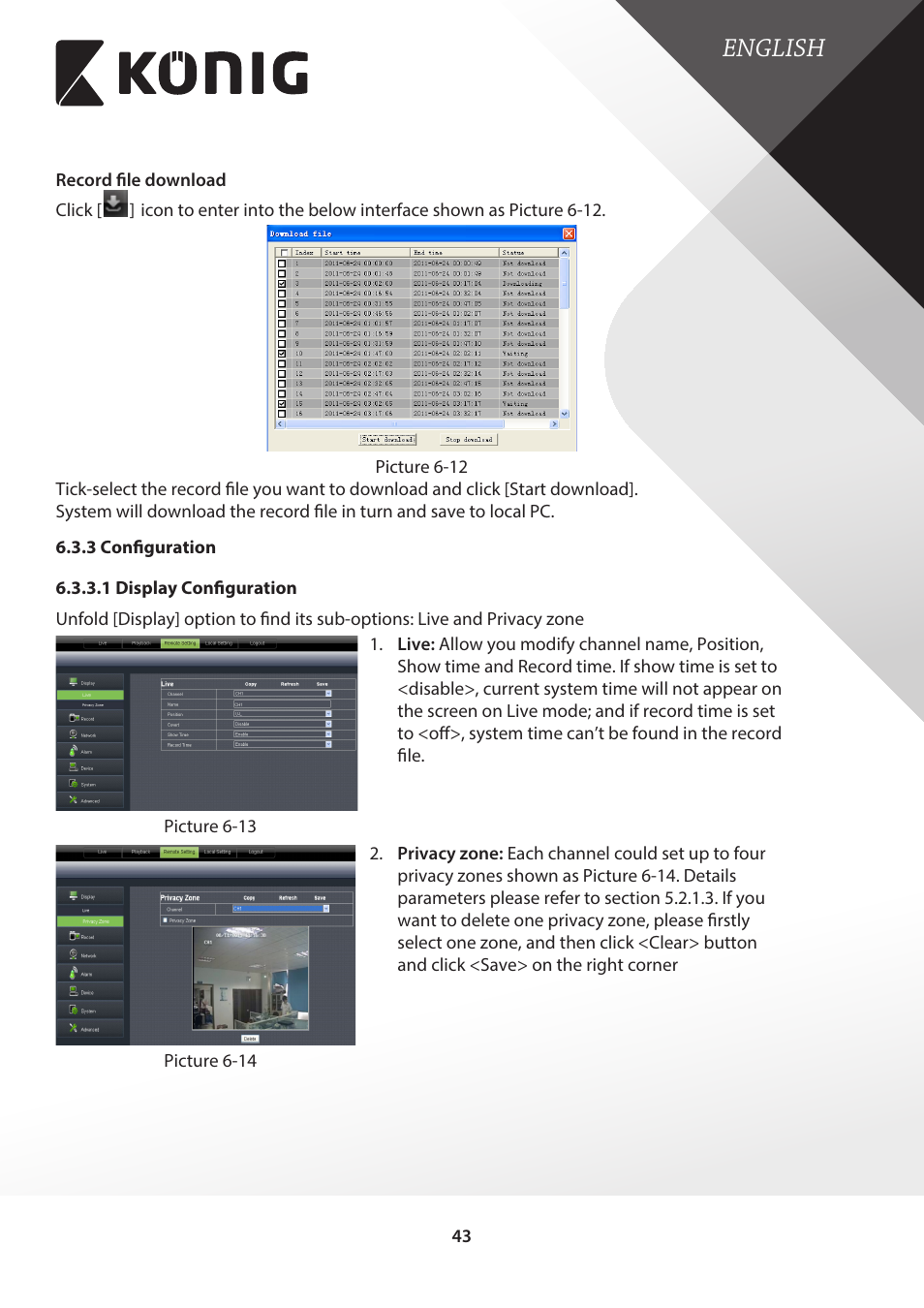 3 configuration, 1 display configuration, English | Konig Electronic Digital video recorder with built-in 1 TB hard disk User Manual | Page 43 / 58