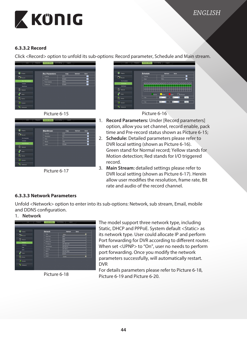 2 record, 3 network parameters, 2 record 6.3.3.3 network parameters | English | Konig Electronic Digital video recorder with built-in 1 TB hard disk User Manual | Page 44 / 58