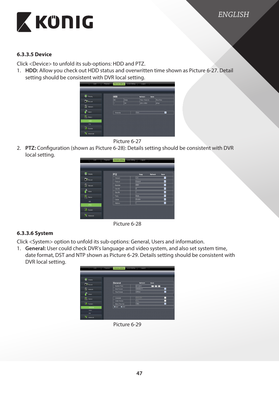 5 device, 6 system, English | Konig Electronic Digital video recorder with built-in 1 TB hard disk User Manual | Page 47 / 58