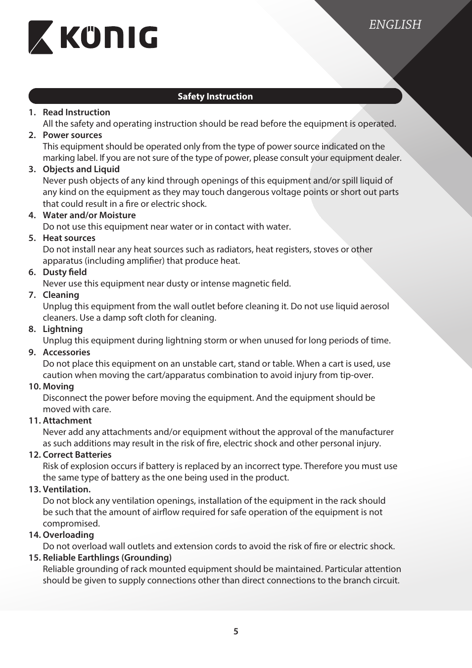 Safety instruction, English | Konig Electronic Digital video recorder with built-in 1 TB hard disk User Manual | Page 5 / 58