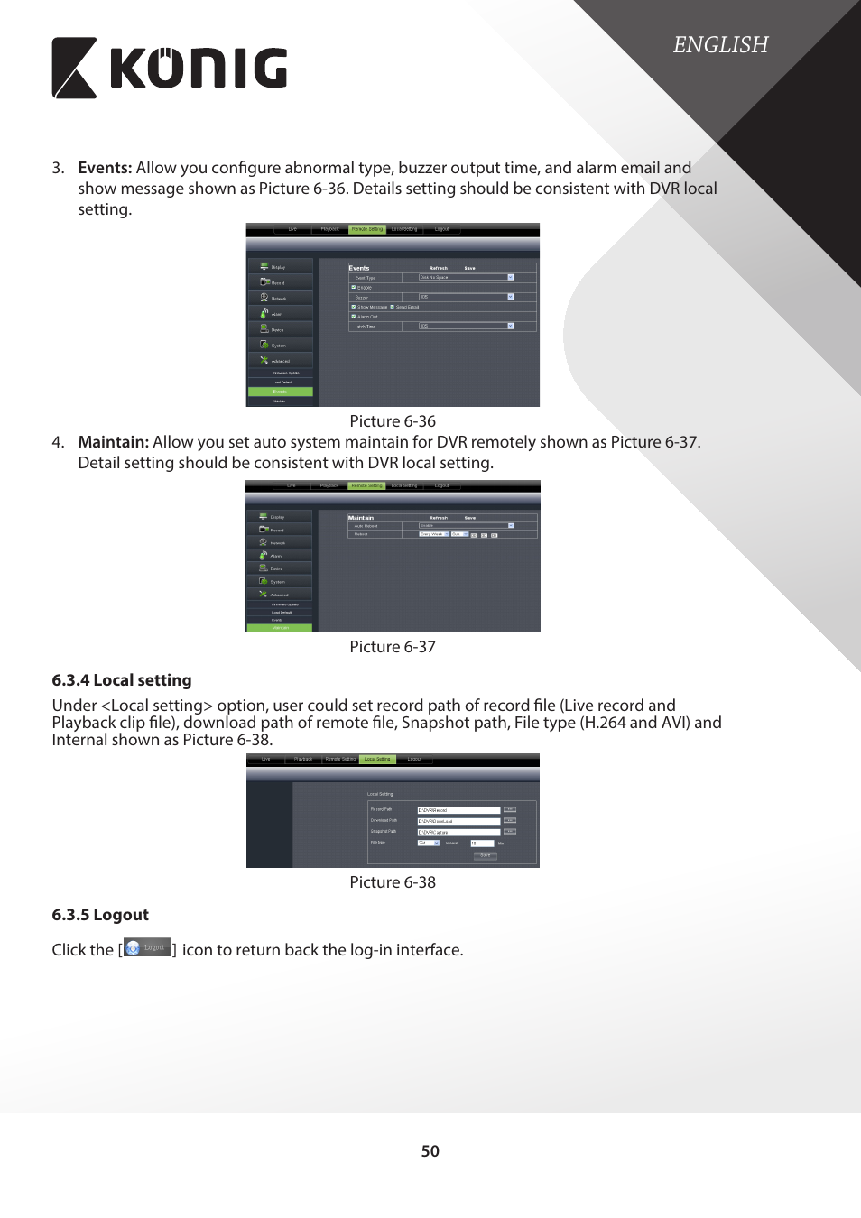 4 local setting, 5 logout, 4 local setting 6.3.5 logout | English | Konig Electronic Digital video recorder with built-in 1 TB hard disk User Manual | Page 50 / 58