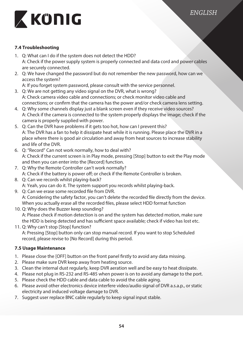 4 troubleshooting, 5 usage maintenance, 4 troubleshooting 7.5 usage maintenance | English | Konig Electronic Digital video recorder with built-in 1 TB hard disk User Manual | Page 54 / 58