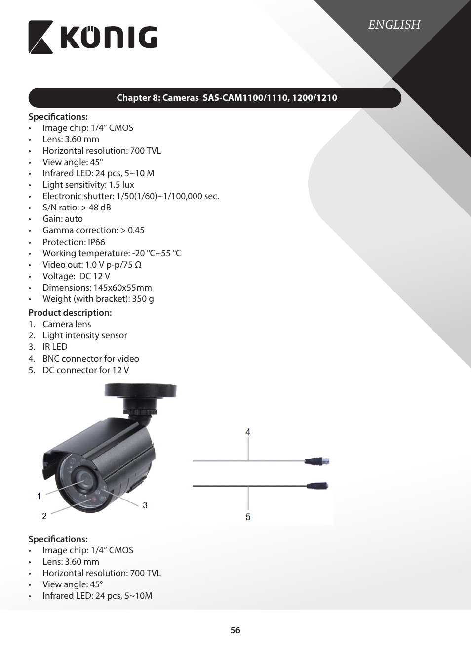 Chapter 8: cameras sas-cam1100, 1200/1210, English | Konig Electronic Digital video recorder with built-in 1 TB hard disk User Manual | Page 56 / 58