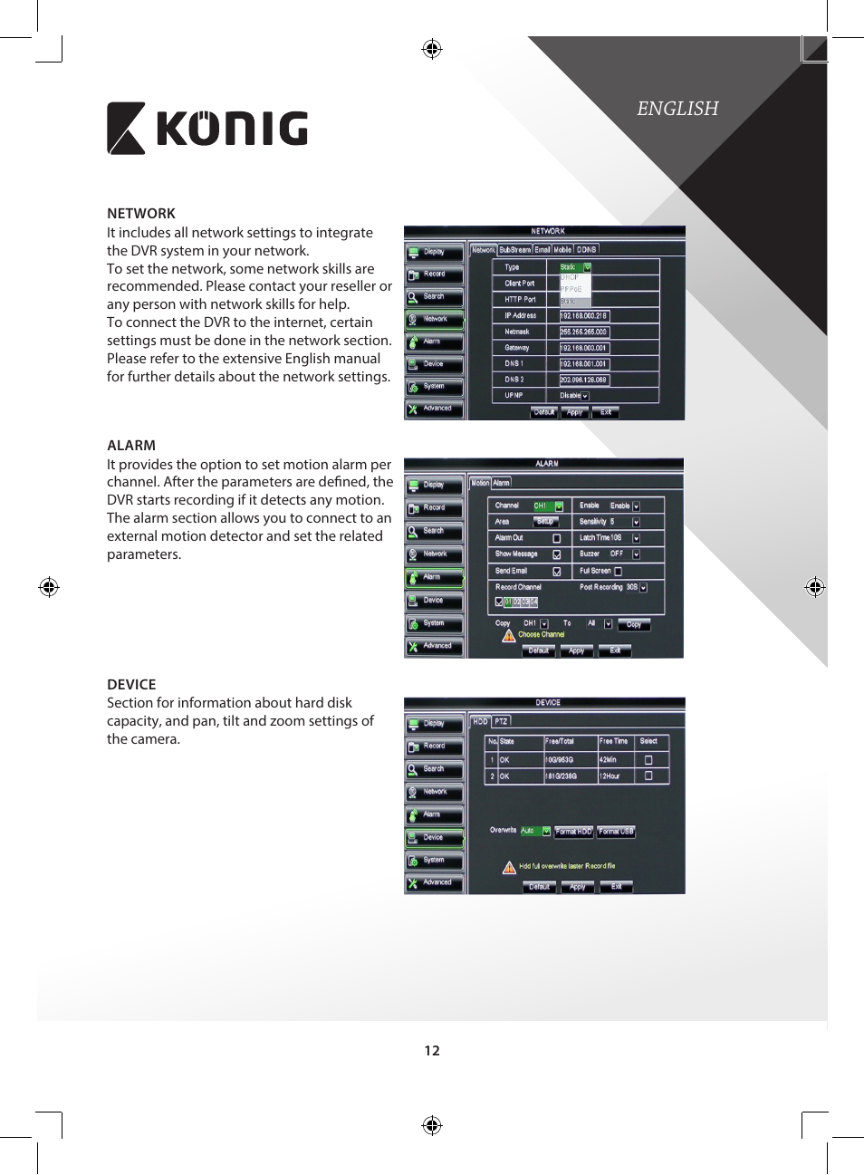 English | Konig Electronic Digital video recorder with built-in 1 TB hard disk User Manual | Page 12 / 351