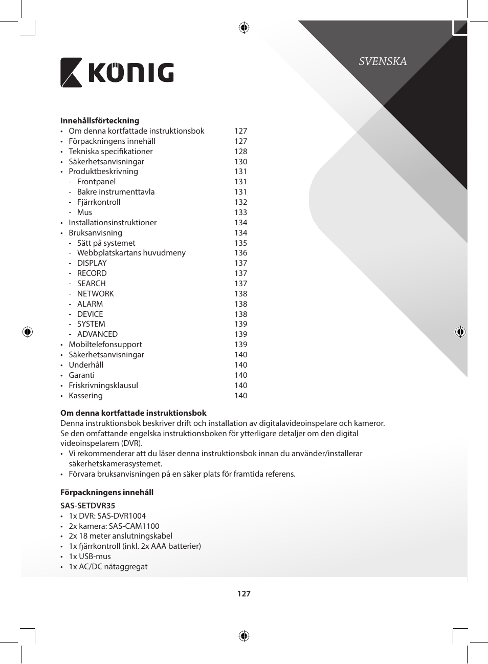Svenska | Konig Electronic Digital video recorder with built-in 1 TB hard disk User Manual | Page 127 / 351