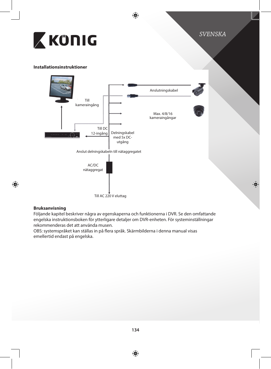 Svenska | Konig Electronic Digital video recorder with built-in 1 TB hard disk User Manual | Page 134 / 351