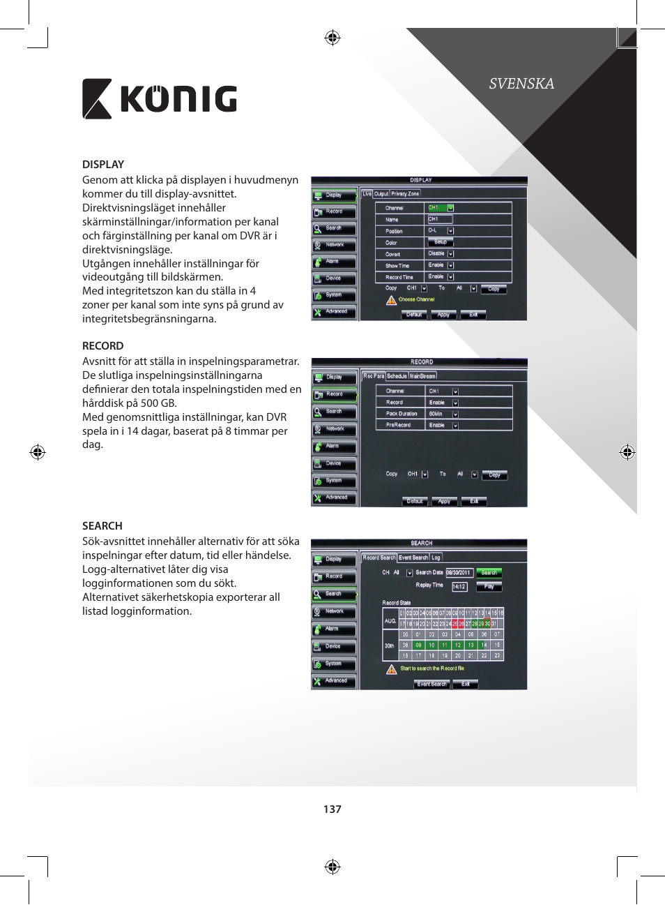 Svenska | Konig Electronic Digital video recorder with built-in 1 TB hard disk User Manual | Page 137 / 351