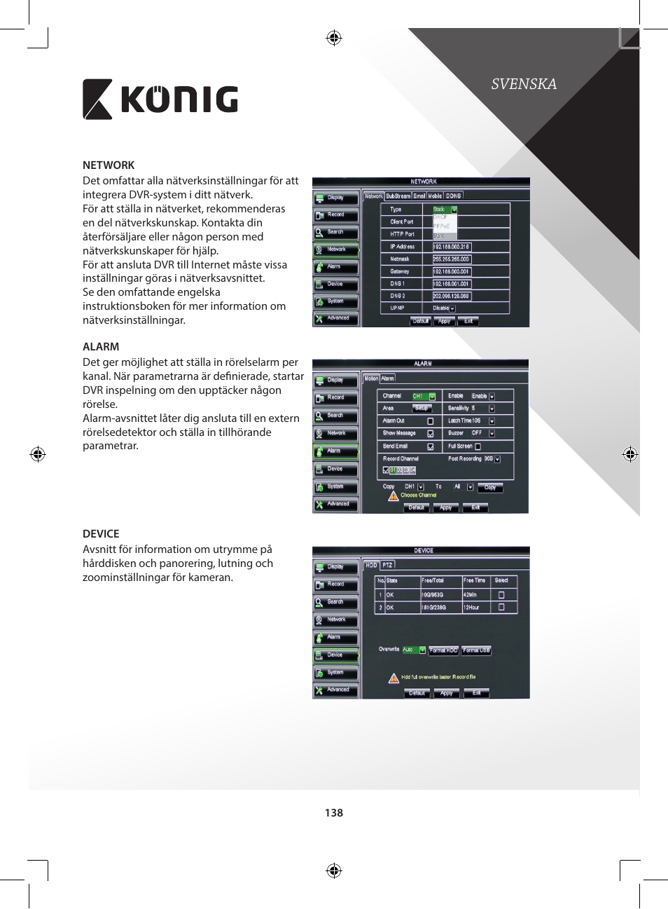 Svenska | Konig Electronic Digital video recorder with built-in 1 TB hard disk User Manual | Page 138 / 351