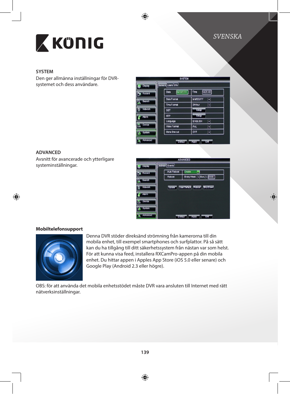 Svenska | Konig Electronic Digital video recorder with built-in 1 TB hard disk User Manual | Page 139 / 351