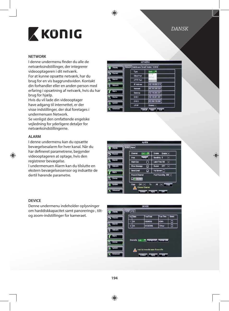 Dansk | Konig Electronic Digital video recorder with built-in 1 TB hard disk User Manual | Page 194 / 351