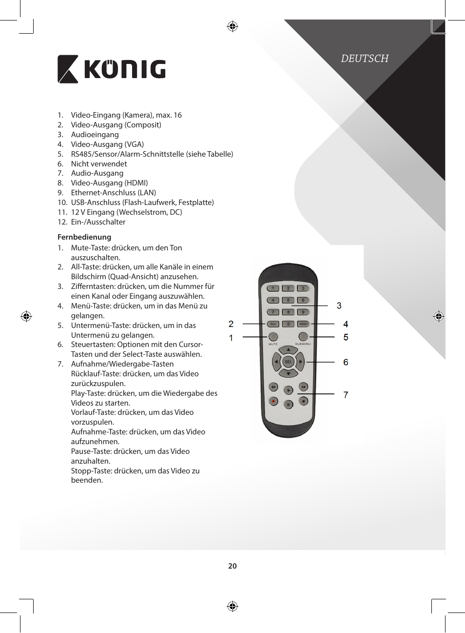 Deutsch | Konig Electronic Digital video recorder with built-in 1 TB hard disk User Manual | Page 20 / 351
