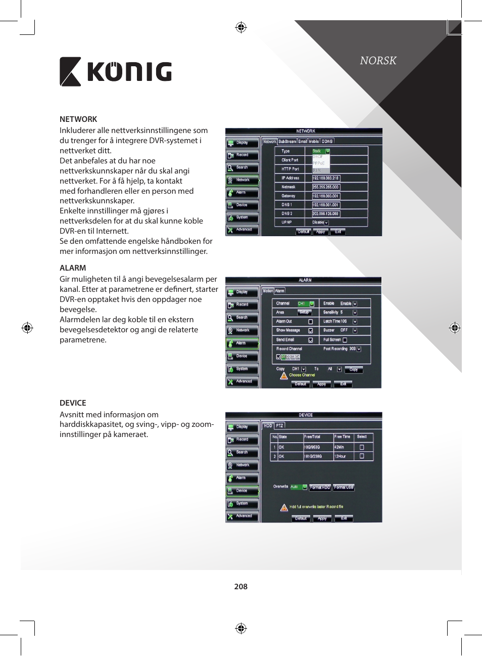 Norsk | Konig Electronic Digital video recorder with built-in 1 TB hard disk User Manual | Page 208 / 351