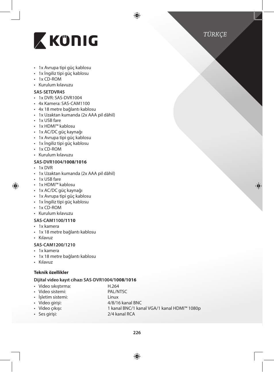 Türkçe | Konig Electronic Digital video recorder with built-in 1 TB hard disk User Manual | Page 226 / 351