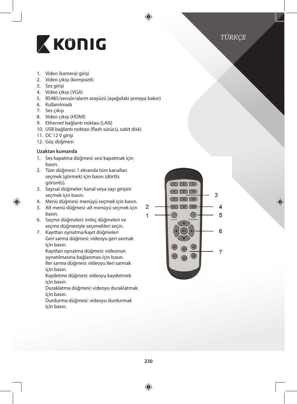 Türkçe | Konig Electronic Digital video recorder with built-in 1 TB hard disk User Manual | Page 230 / 351