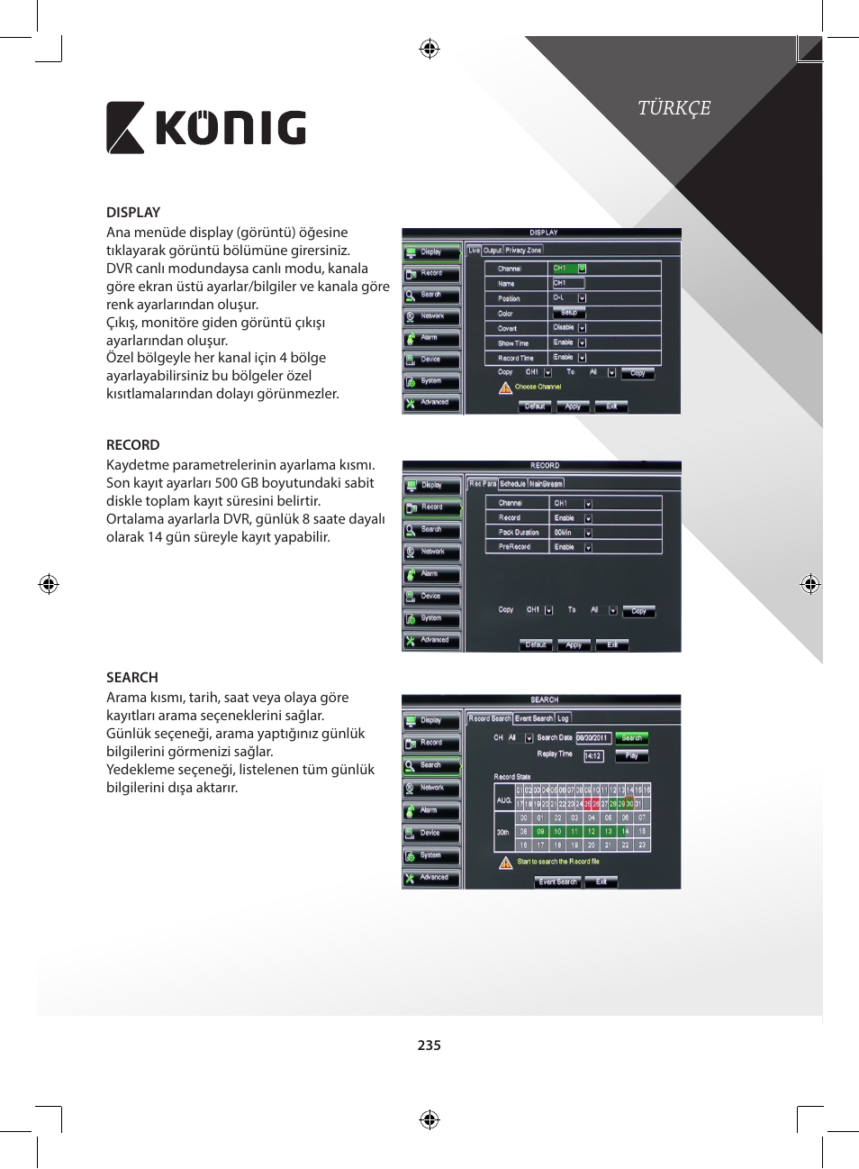 Türkçe | Konig Electronic Digital video recorder with built-in 1 TB hard disk User Manual | Page 235 / 351