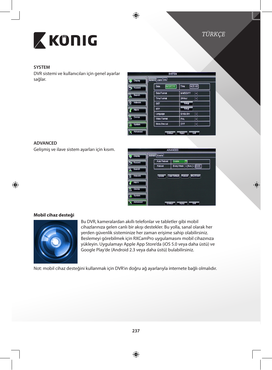 Türkçe | Konig Electronic Digital video recorder with built-in 1 TB hard disk User Manual | Page 237 / 351
