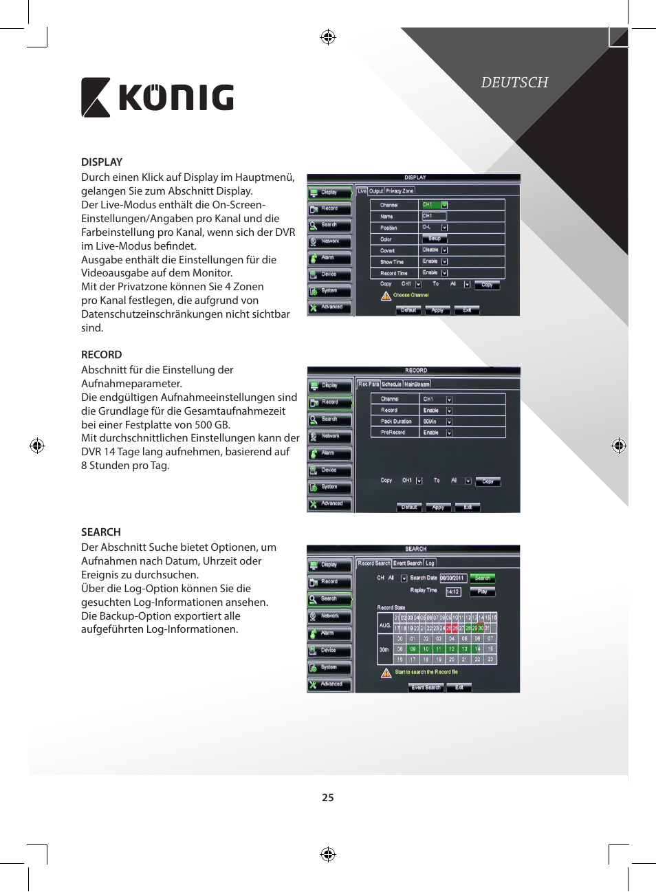 Deutsch | Konig Electronic Digital video recorder with built-in 1 TB hard disk User Manual | Page 25 / 351